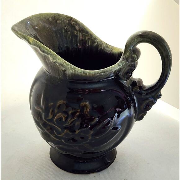 HULL POTTERY-PITCHER-VASE-Brown/Green Drip Glaze-Embossed-Large Pouring Lip - Picture 5 of 10